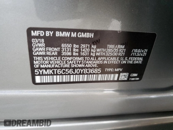 2018 BMW X5 M z VIN 5YMKT6C56J0Y83685, wystawiony jako Copart lot #55342035 z przebiegiem 56 136 mil mil oraz Szkoda całkowita • Salvage title. Historia ofert i sprzedaży dostępna na DreamBid. Obrazek 13.