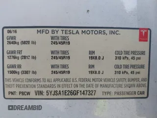 2016 Tesla Model S 90D with VIN 5YJSA1E26GF147327, listed as a IAAI auction lot 42077766 with 89,502 mi miles and . Bid and sale history available at DreamBid. Image 9.