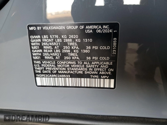2024 Volkswagen Atlas SEL Premium R-Line with VIN 1V2FE2CA9RC249533, listed as a Copart auction lot 46794585 with 2,131 mi miles and Salvage title. Bid and sale history available at DreamBid. Image 14.