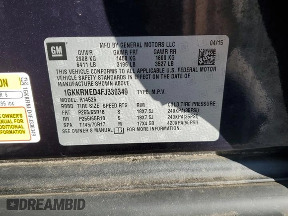 2015 GMC Acadia SLE with VIN 1GKKRNED4FJ330349, listed as a Copart auction lot 45371005 with 134,772 mi miles and Salvage Title. Bid and sale history available at DreamBid. Image 15.