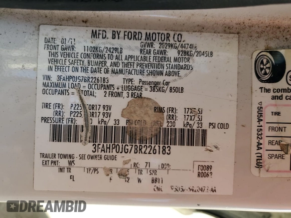 2011 Ford Fusion SEL with VIN 3FAHP0JG7BR226183, listed as a Copart auction lot 43238533 with 101,453 mi miles and Salvage Title. Bid and sale history available at carsss.com. Image 13.
