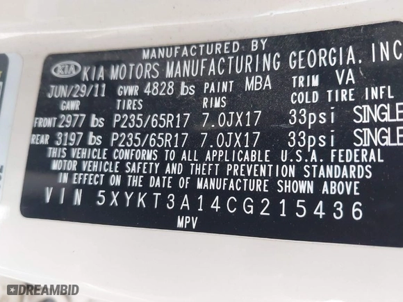 2012 Kia Sorento LX with VIN 5XYKT3A14CG215436, listed as a IAAI auction lot 41597613 with 252,430 mi miles. Bid and sale history available at carsss.com. Image 9.