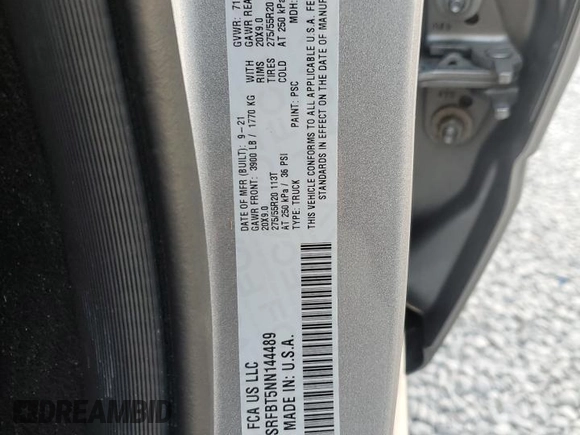 2022 Ram 1500 Big Horn with VIN 1C6SRFBT5NN144489, listed as a Copart auction lot 57112715 with 52,933 mi miles and Non repairable. Bid and sale history available at DreamBid. Image 12.