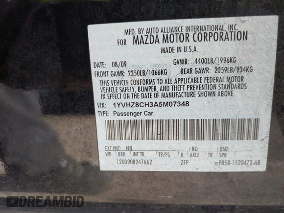 2010 Mazda 6 i Grand Touring with VIN 1YVHZ8CH3A5M07348, listed as a IAAI auction lot 41448909 with 185,808 mi miles and . Bid and sale history available at DreamBid. Image 9.