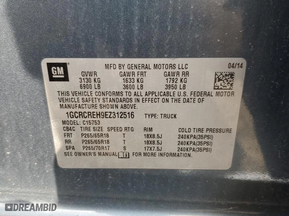 2014 Chevrolet Silverado 1500 LT with VIN 1GCRCREH9EZ312516, listed as a Copart auction lot 53658005 with 0 mi miles and Salvage Title. Bid and sale history available at carsss.com. Image 13.