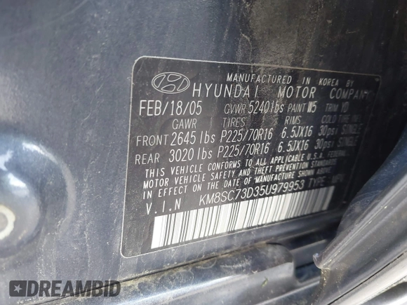 2005 Hyundai Santa Fe GLS с VIN KM8SC73D35U979953, выставлен на аукционе IAAI как лот 42269867 с пробегом 185 528 миль миль и . История ставок и продаж доступна на DreamBid. Изображение 9.