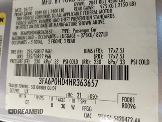 2017 Ford Fusion SE with VIN 3FA6P0HD4HR363657, listed as a IAAI auction lot 42647734 with 95,867 mi miles and . Bid and sale history available at DreamBid. Image 9.