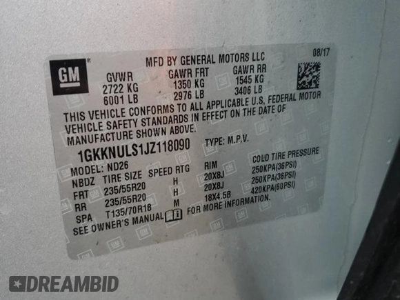 2018 GMC Acadia SLT z VIN 1GKKNULS1JZ118090, wystawiony jako Copart lot #49996075 z przebiegiem 56 467 mil mil oraz Szkoda całkowita • Salvage title. Historia ofert i sprzedaży dostępna na DreamBid. Obrazek 13.