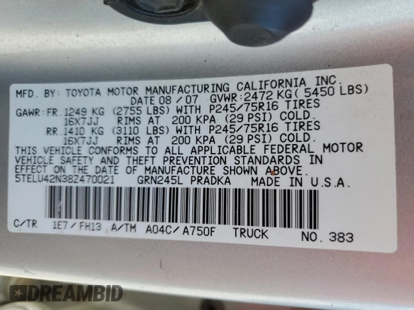 2008 Toyota Tacoma z VIN 5TELU42N38Z470021, wystawiony jako Copart lot #52046435 z przebiegiem 184 010 mil mil oraz Szkoda całkowita • Salvage title. Historia ofert i sprzedaży dostępna na DreamBid. Obrazek 13.