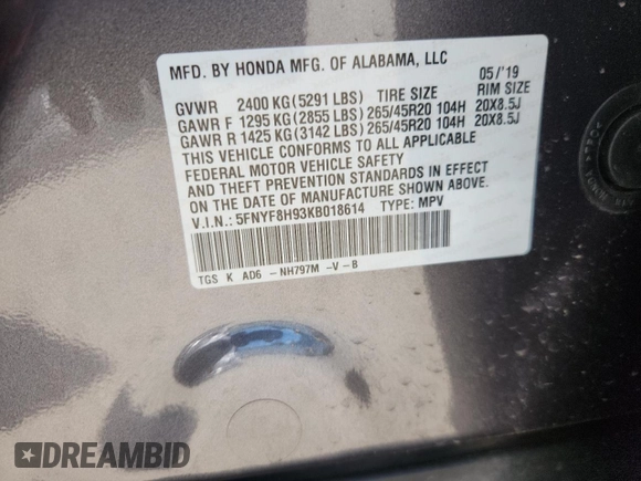 2019 Honda Passport Touring с VIN 5FNYF8H93KB018614, выставлен на аукционе Copart как лот 60884775 с пробегом 22 809 миль миль и Списание • Salvage title. История ставок и продаж доступна на DreamBid. Изображение 13.