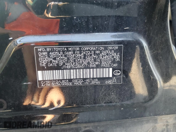 2010 Lexus IS 250 with VIN JTHBF5C28A5111898, listed as a Copart auction lot 62731095 with 181,655 mi miles and Salvage title. Bid and sale history available at DreamBid. Image 12.