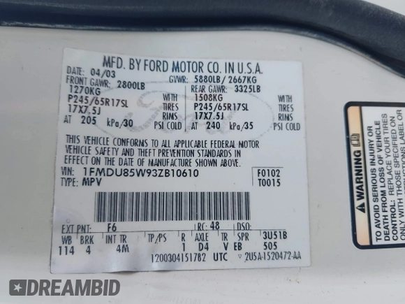 2003 Ford Explorer with VIN 1FMDU85W93ZB10610, listed as a IAAI auction lot 42506032 with 247,444 mi miles and . Bid and sale history available at DreamBid. Image 9.