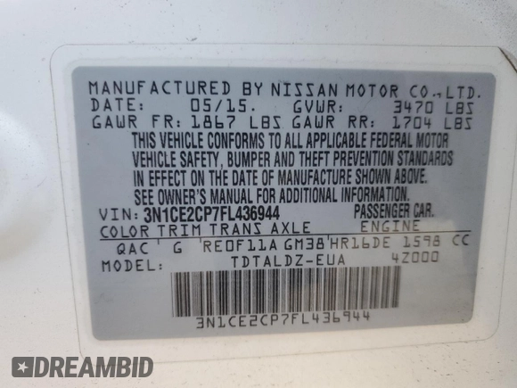 2015 Nissan Note SL с VIN 3N1CE2CP7FL436944, выставлен на аукционе Copart как лот 42561755 с пробегом 127 869 миль миль и Списание • Salvage title. История ставок и продаж доступна на DreamBid. Изображение 14.