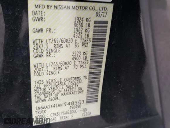 2017 Nissan Titan XD SL with VIN 1N6AA1F41HN548361, listed as a Copart auction lot 84654174 with 142,057 mi miles and Salvage Title. Bid and sale history available at carsss.com. Image 12.