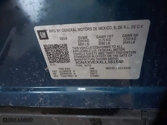 2020 Chevrolet Equinox LT with VIN 3GNAXVEXXLL161540, listed as a IAAI auction lot 41611309 with 67,784 mi miles. Bid and sale history available at carsss.com. Image 9.