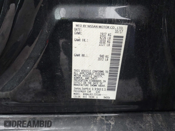 2018 Nissan Altima SR with VIN 1N4AL3AP9JC139011, listed as a IAAI auction lot 42018392 with 163,674 mi miles and . Bid and sale history available at carsss.com. Image 9.