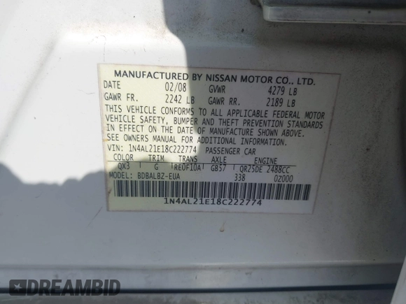 2008 Nissan Altima 2.5 S with VIN 1N4AL21E18C222774, listed as a IAAI auction lot 41804924 with 1 mi miles. Bid and sale history available at carsss.com. Image 9.