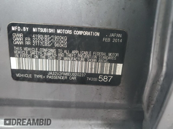 2014 Mitsubishi Lancer SE z VIN JA32V2FW8EU020237, wystawiony jako Copart lot #50333595 z przebiegiem 128 289 mil mil oraz Szkoda całkowita • Salvage title. Historia ofert i sprzedaży dostępna na DreamBid. Obrazek 14.
