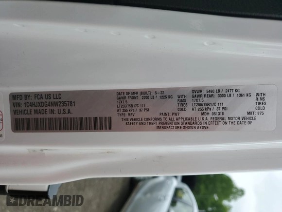2022 Jeep Wrangler Unlimited Sport S with VIN 1C4HJXDG4NW235781, listed as a Copart auction lot 57184895 with 30,883 mi miles and Salvage title. Bid and sale history available at DreamBid. Image 14.