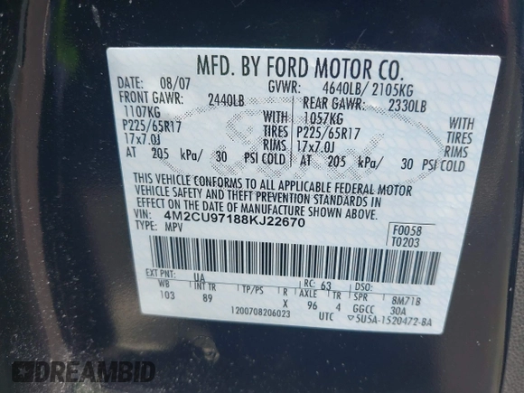 2008 Mercury Mariner Premier with VIN 4M2CU97188KJ22670, listed as a IAAI auction lot 42213572 with 224,826 mi miles and . Bid and sale history available at DreamBid. Image 9.