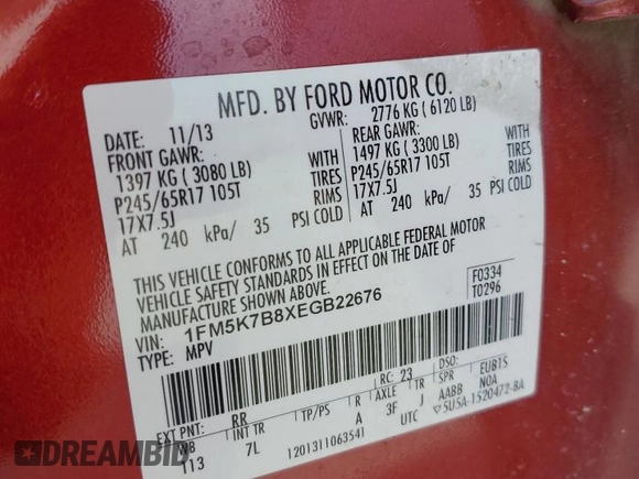 2014 Ford Explorer with VIN 1FM5K7B8XEGB22676, listed as a Copart auction lot 52720025 with Not provided miles and Salvage title. Bid and sale history available at DreamBid. Image 15.