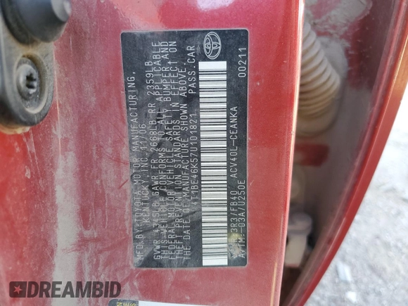 2007 Toyota Camry CE with VIN 4T1BE46K57U101821, listed as a Copart auction lot 48710375 with 412,865 mi miles and Salvage Title. Bid and sale history available at DreamBid. Image 14.