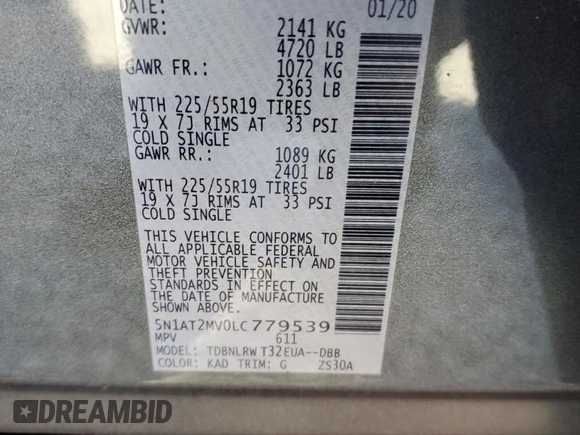 2020 Nissan Rogue S with VIN 5N1AT2MV0LC779539, listed as a Copart auction lot 46465595 with 82,641 mi miles and Salvage Title. Bid and sale history available at DreamBid. Image 13.