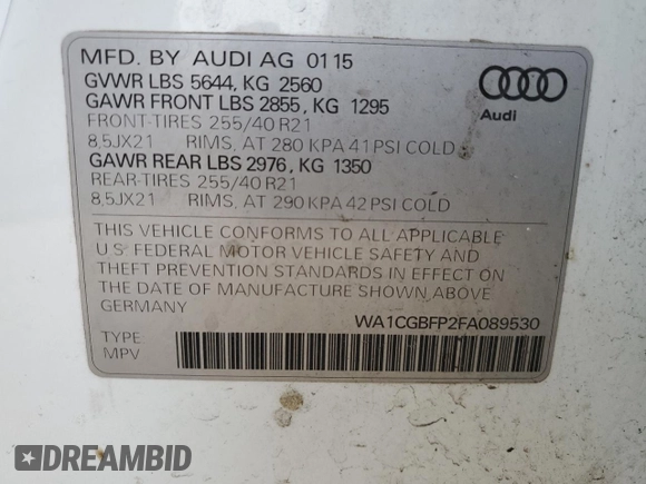 2015 Audi SQ5 Premium Plus with VIN WA1CGBFP2FA089530, listed as a Copart auction lot 42582305 with 136,449 mi miles and Salvage title. Bid and sale history available at DreamBid. Image 13.