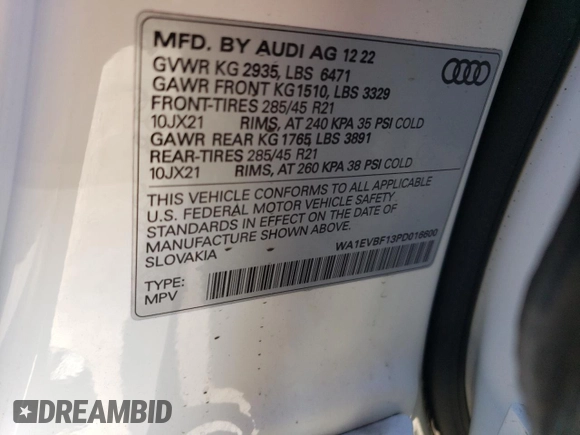 2023 Audi Q8 Premium Plus with VIN WA1EVBF13PD016600, listed as a Copart auction lot 72583044 with 31,983 mi miles and Salvage title. Bid and sale history available at DreamBid. Image 14.