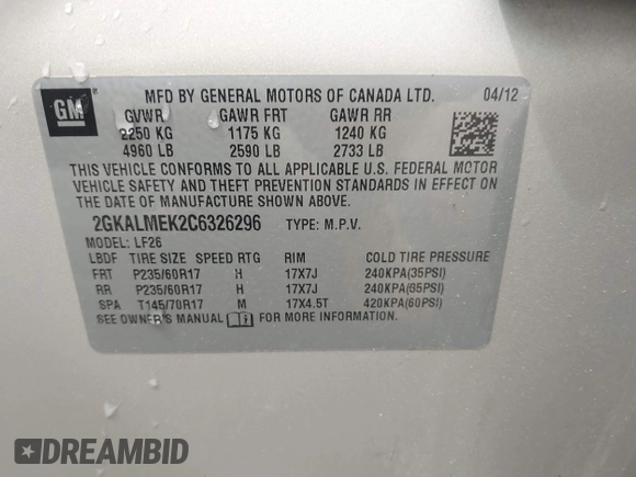 2012 GMC Terrain SLE-1 with VIN 2GKALMEK2C6326296, listed as a IAAI auction lot 42095813 with 39,149 mi miles and . Bid and sale history available at carsss.com. Image 9.
