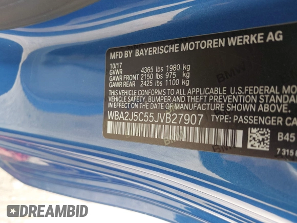2018 BMW 2 Series M240i with VIN WBA2J5C55JVB27907, listed as a IAAI auction lot 42706522 with 39,097 mi miles and . Bid and sale history available at DreamBid. Image 9.
