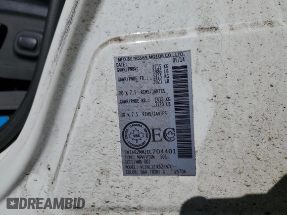 2014 Nissan Pathfinder S z VIN 5N1AR2MM2EC704401, wystawiony jako Copart lot #56030205 z przebiegiem 156 056 mil mil oraz Szkoda całkowita • Salvage title. Historia ofert i sprzedaży dostępna na DreamBid. Obrazek 13.