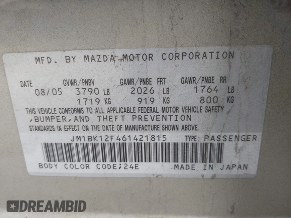 2006 Mazda 3 i with VIN JM1BK12F461421815, listed as a IAAI auction lot 41685316 with 191,746 mi miles and . Bid and sale history available at DreamBid. Image 9.