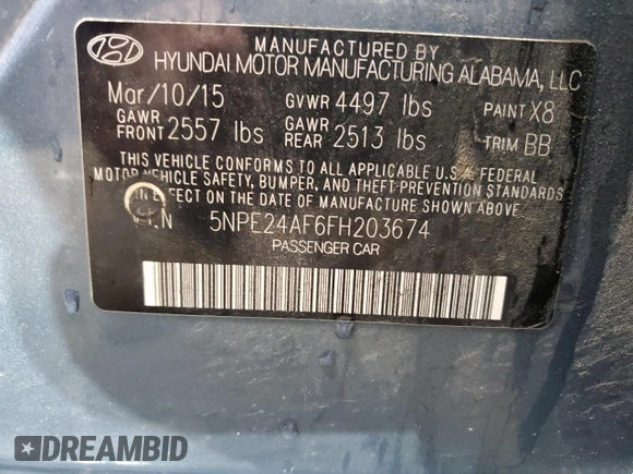 2015 Hyundai Sonata 2.4L SE with VIN 5NPE24AF6FH203674, listed as a Copart auction lot 81579804 with 125,576 mi miles and Non Repairable. Bid and sale history available at carsss.com. Image 14.