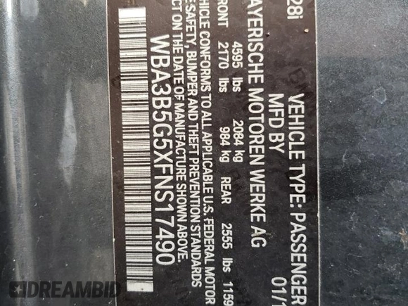 2015 BMW 3 Series 328i xDrive с VIN WBA3B5G5XFNS17490, выставлен на аукционе Copart как лот 83467444 с пробегом Не указан миль и Списание • Salvage title. История ставок и продаж доступна на DreamBid. Изображение 13.