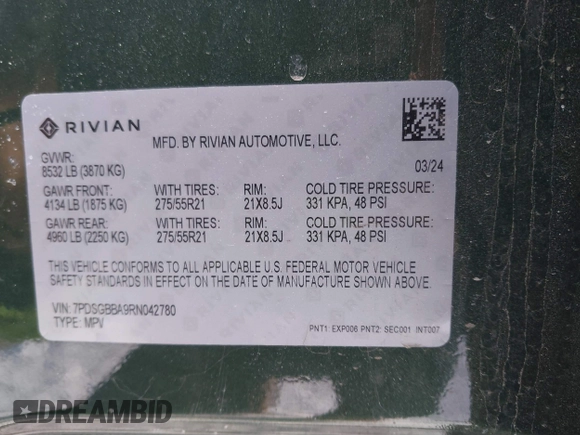 2024 Rivian R1S Adventure with VIN 7PDSGBBA9RN042780, listed as a IAAI auction lot 41440424 with 10,747 mi miles. Bid and sale history available at carsss.com. Image 9.