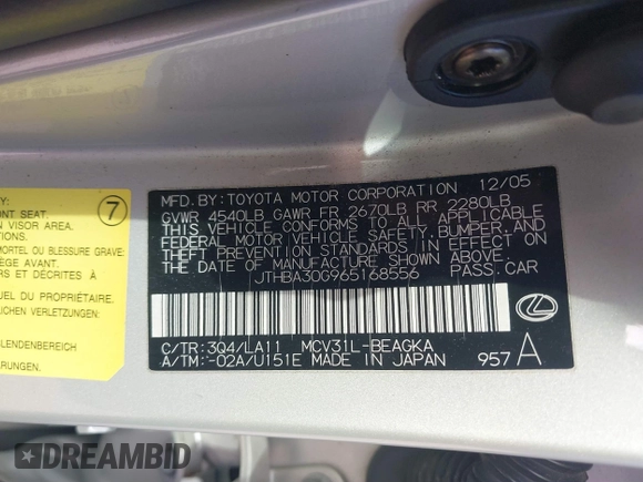 2006 Lexus ES 350 with VIN JTHBA30G965168556, listed as a IAAI auction lot 41416845 with Not Provided miles and . Bid and sale history available at DreamBid. Image 9.