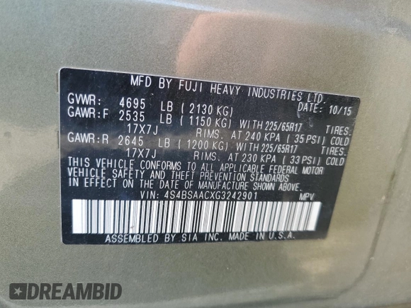 2016 Subaru Outback 2.5i with VIN 4S4BSAACXG3242901, listed as a Copart auction lot 62713665 with 214,295 mi miles and Clean title. Bid and sale history available at DreamBid. Image 12.