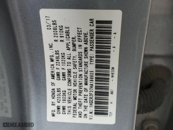 2017 Honda Accord Sedan LX with VIN 1HGCR2F37HA188605, listed as a Copart auction lot 45655575 with 129,901 mi miles and Salvage Title. Bid and sale history available at carsss.com. Image 12.