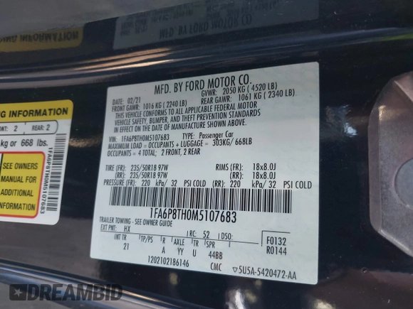 2021 Ford Mustang EcoBoost with VIN 1FA6P8TH0M5107683, listed as a IAAI auction lot 42084509 with 63,015 mi miles and . Bid and sale history available at DreamBid. Image 9.