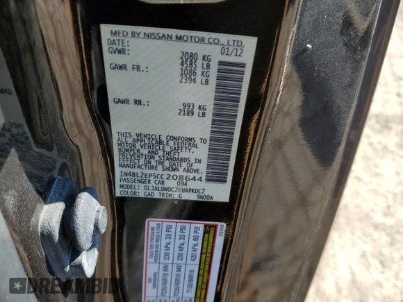 2012 Nissan Altima 3.5 SR with VIN 1N4BL2EP5CC208644, listed as a Copart auction lot 42713175 with 92,238 mi miles and Salvage Title. Bid and sale history available at carsss.com. Image 12.