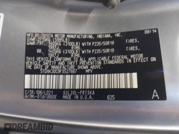 2015 Toyota Sienna SE with VIN 5TDXK3DC9FS527667, listed as a IAAI auction lot 41977729 with 230,933 mi miles and . Bid and sale history available at DreamBid. Image 9.