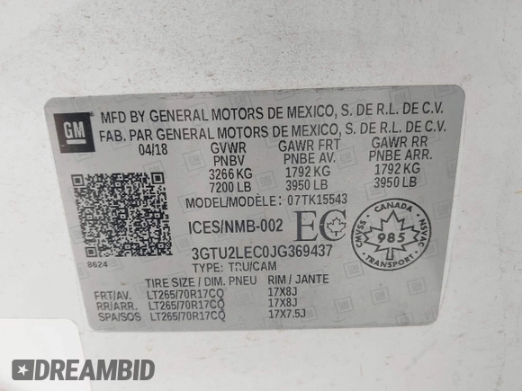 2018 GMC Sierra 1500 with VIN 3GTU2LEC0JG369437, listed as a IAAI auction lot 41737901 with 94,724 mi miles and . Bid and sale history available at DreamBid. Image 9.