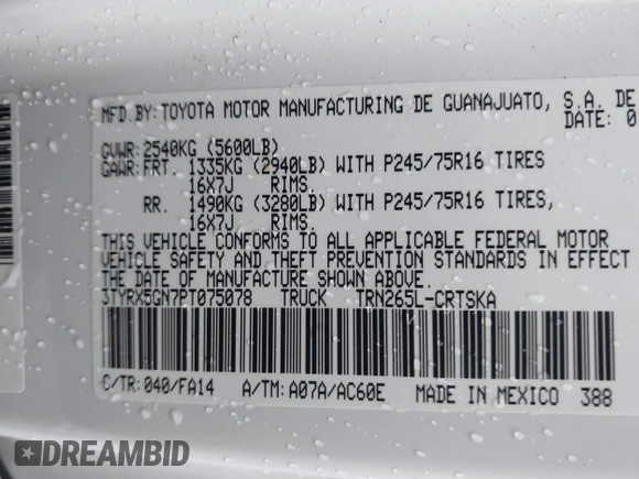 2023 Toyota Tacoma SR with VIN 3TYRX5GN7PT075078, listed as a IAAI auction lot 42421462 with 35,255 mi miles and . Bid and sale history available at DreamBid. Image 9.