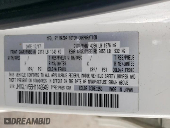 2017 Mazda 6 Touring with VIN JM1GL1V56H1148949, listed as a Copart auction lot 42053225 with 71,546 mi miles and Salvage Title. Bid and sale history available at DreamBid. Image 12.