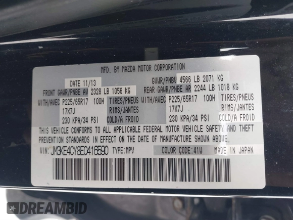 2014 Mazda CX-5 Touring with VIN JM3KE4CY8E0416590, listed as a IAAI auction lot 41619713 with 225,156 mi miles. Bid and sale history available at carsss.com. Image 9.