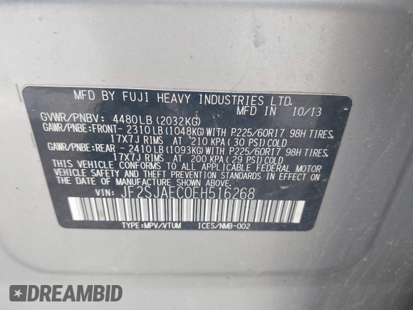 2014 Subaru Forester 2.5i Premium with VIN JF2SJAEC0EH516268, listed as a IAAI auction lot 42102665 with 162,561 mi miles. Bid and sale history available at carsss.com. Image 9.