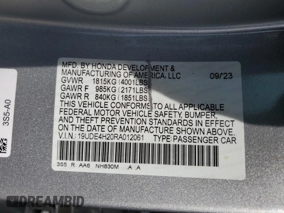 2024 Acura Integra z VIN 19UDE4H20RA012061, wystawiony jako Copart lot #48264775 z przebiegiem 11 604 mil mil oraz Szkoda całkowita • Salvage title. Historia ofert i sprzedaży dostępna na DreamBid. Obrazek 14.