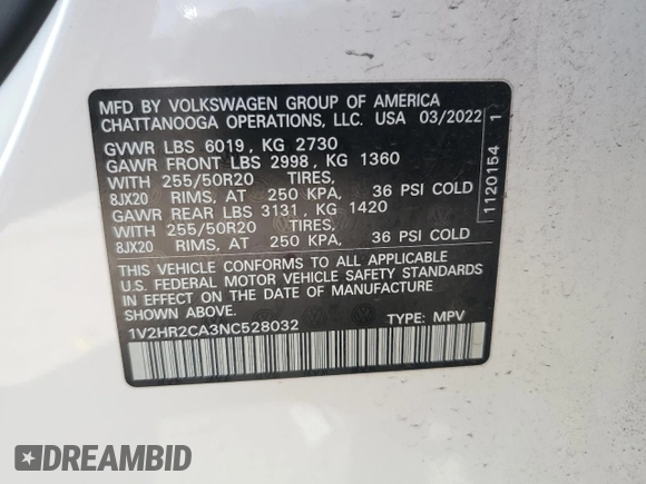 2022 Volkswagen Atlas SE z VIN 1V2HR2CA3NC528032, wystawiony jako Copart lot #57607665 z przebiegiem 34 714 mil mil oraz Czysty tytuł • Clean title. Historia ofert i sprzedaży dostępna na DreamBid. Obrazek 13.