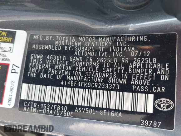 2012 Toyota Camry L with VIN 4T4BF1FK9CR239373, listed as a IAAI auction lot 41427720 with 223,228 mi miles. Bid and sale history available at carsss.com. Image 9.